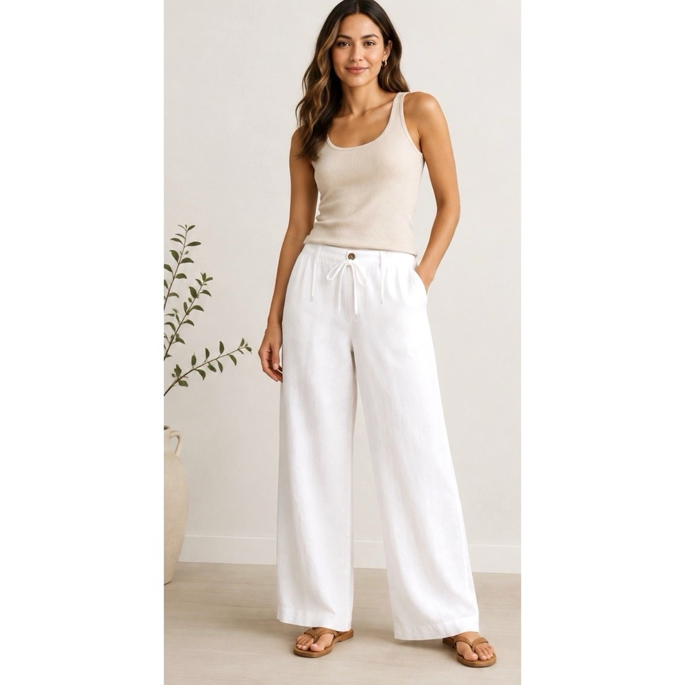 NEW! Old Navy 100% Linen Mid Rise Wide Leg Pants Tie Waist Pockets White SZ 2